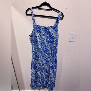 AUW Blue and White Leaf-Print Mini Dress